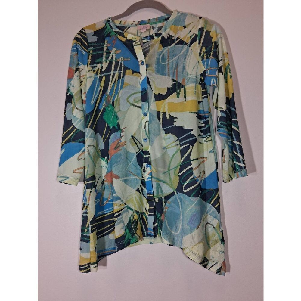 Logo layers womens womens small mesh sheer blouse blue green art to wear top